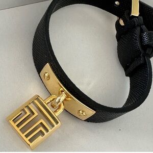 Tory Burch Black Leather and Gold Charm Padlock Bracelet. 7.4”. NWT